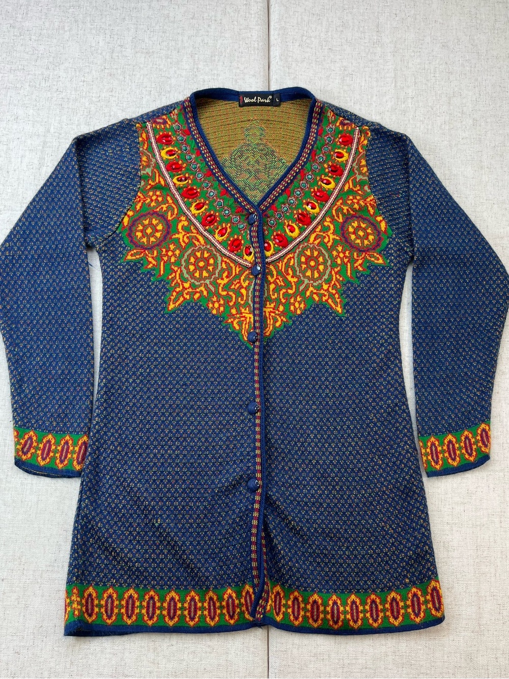 Vintage Beaded Folk Jacquard Longline Cardigan Duster Boho Navy Sweater Sz L
